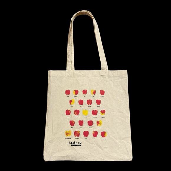 J Crew Factory Apples Natural Beige Cotton Canvas Tote Shopping Bag 16” Preppy - Picture 2 of 9